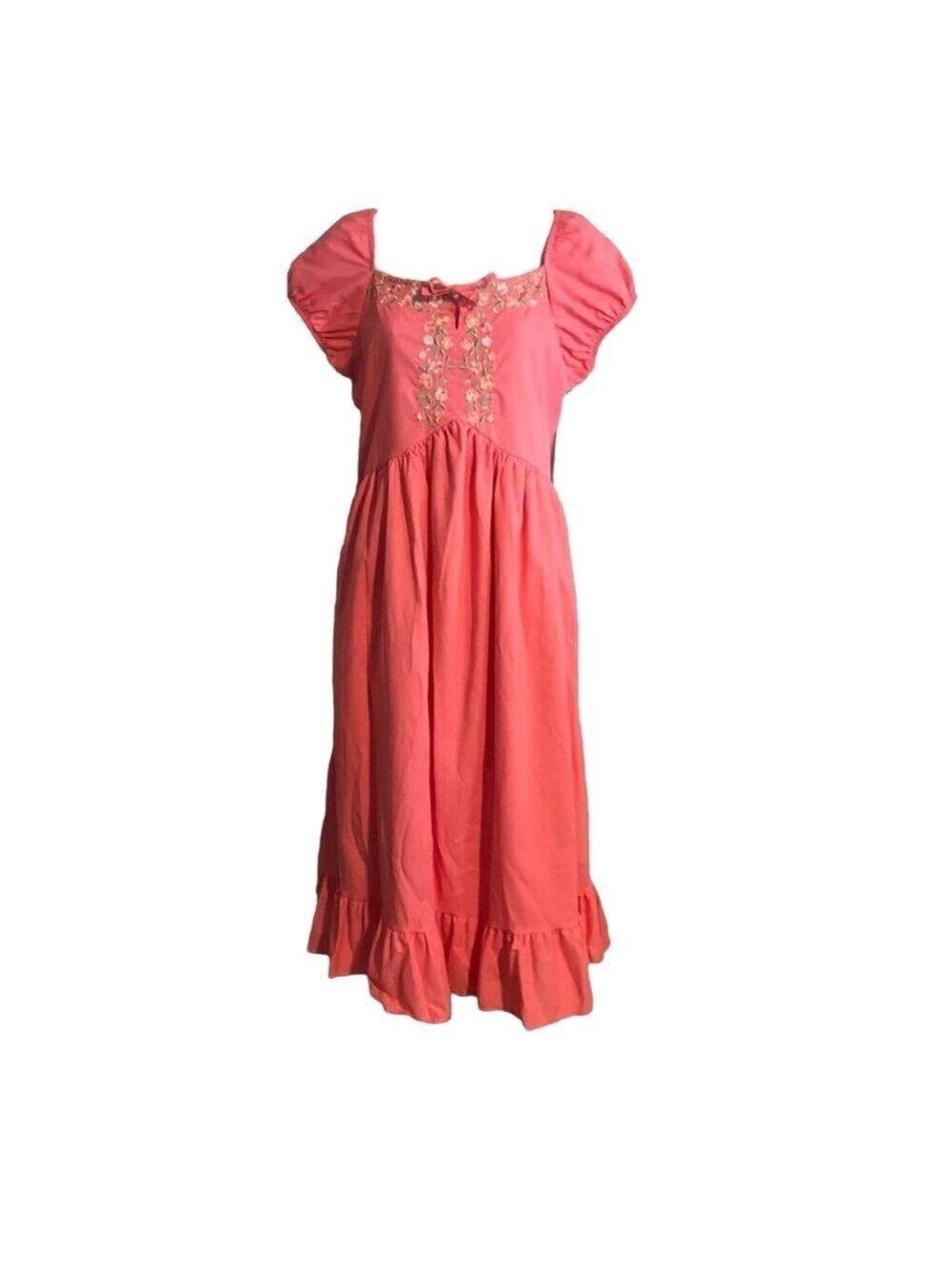 Blueberi Boulevard Embroidered Milk Maid Dress Coral Pink Puff Sleeve Ruffle Hem - Picture 2 of 10